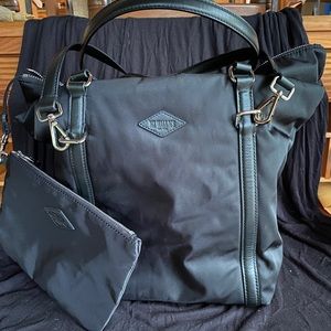 MZ Wallace Nylon tote with leather trim and attached pocket zippered clutch.